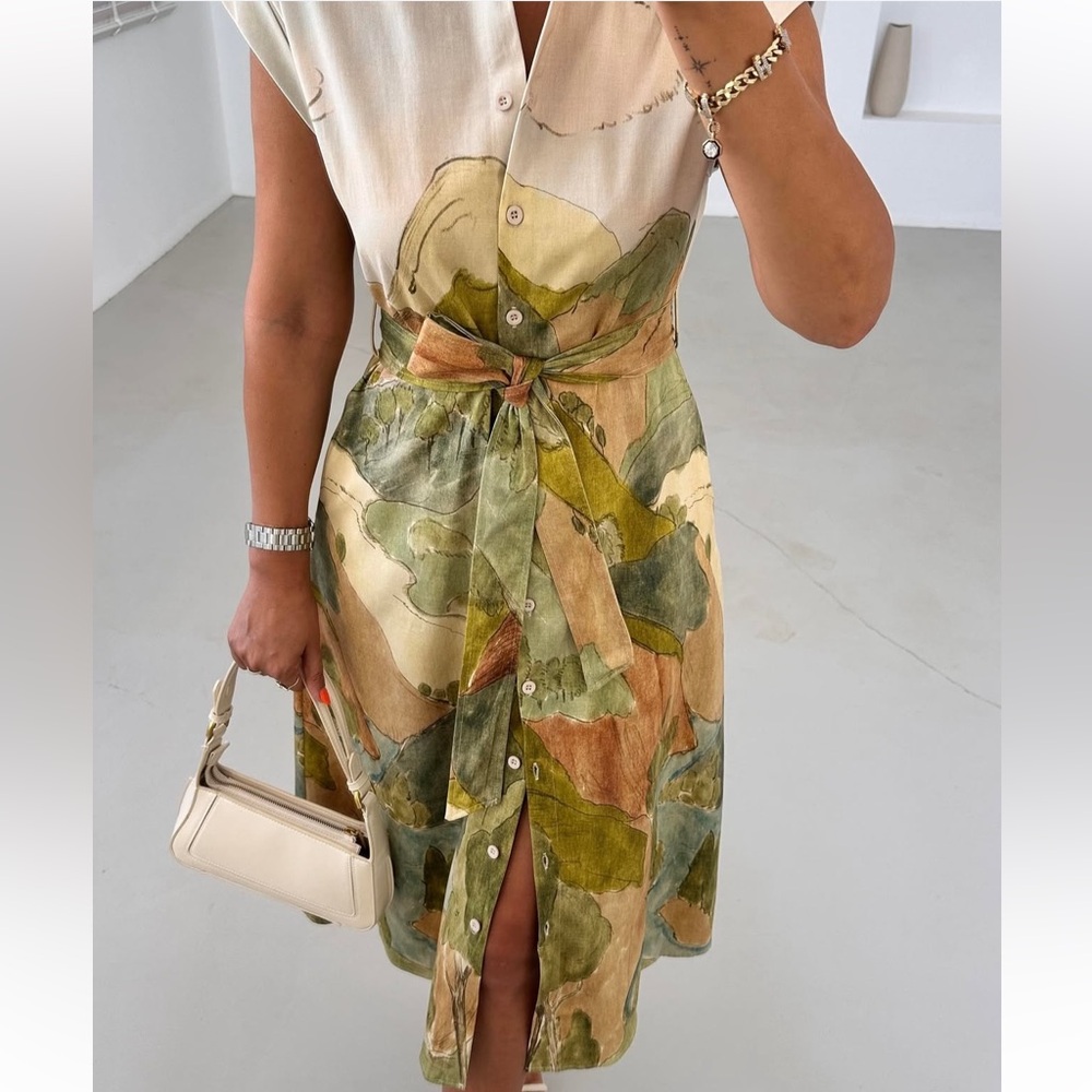 ZARA ZW COLLECTION PRINT SHIRT DRESS XS MIDI COLLAR SS24 l NWOT - Picture 6 of 8